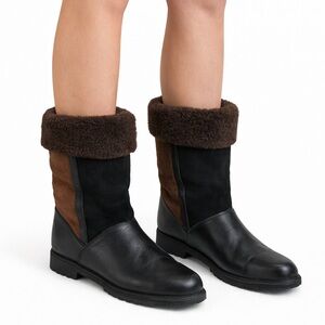 La Canadienne Shearling Fur Suede Leather Patchwork Winter Tall Boots Sz 7.5